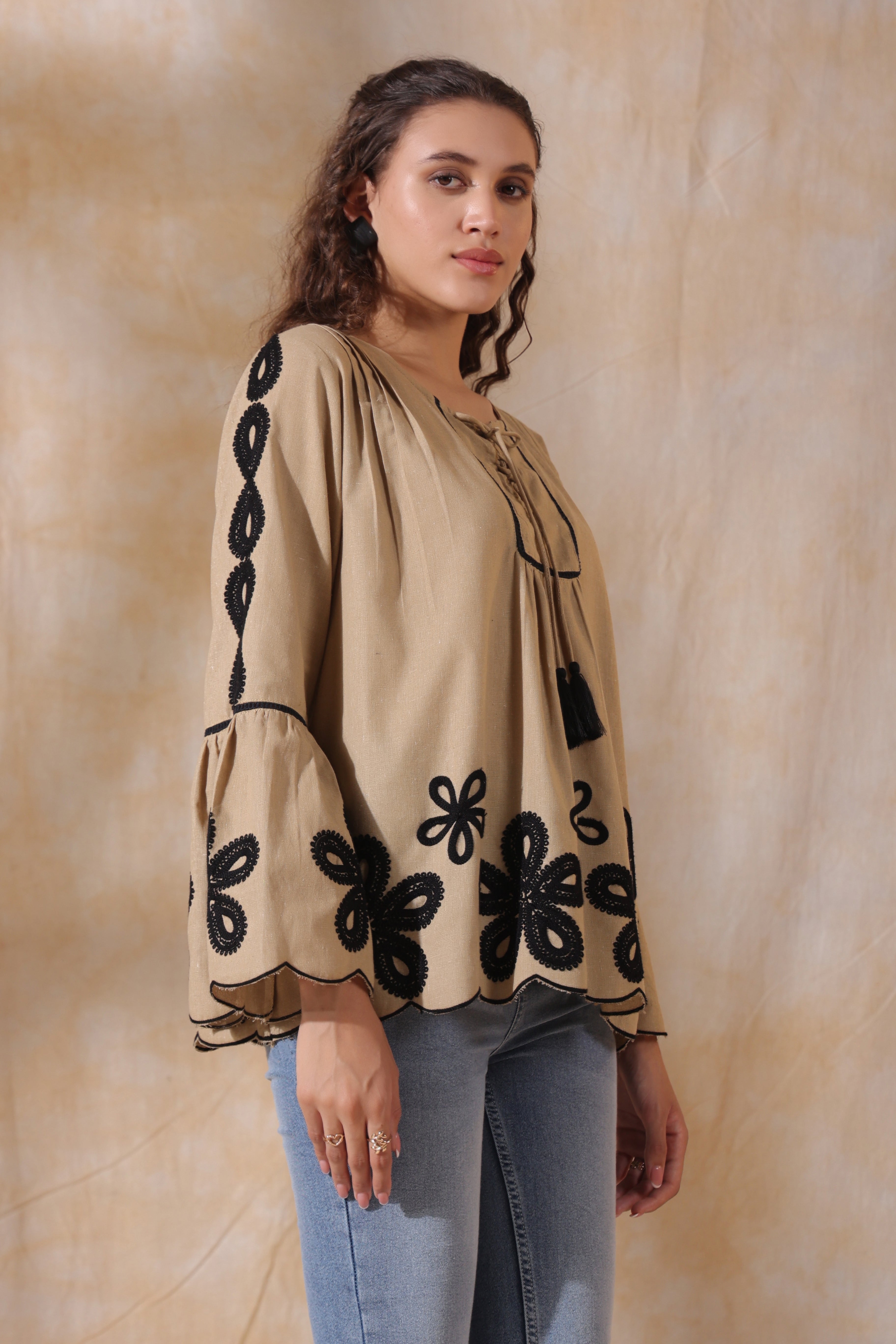Women Khaki Cotton Flex Black Embroidered Top With Dori & Tassel