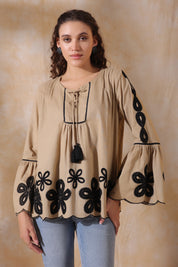 Women Khaki Cotton Flex Black Embroidered Top With Dori & Tassel