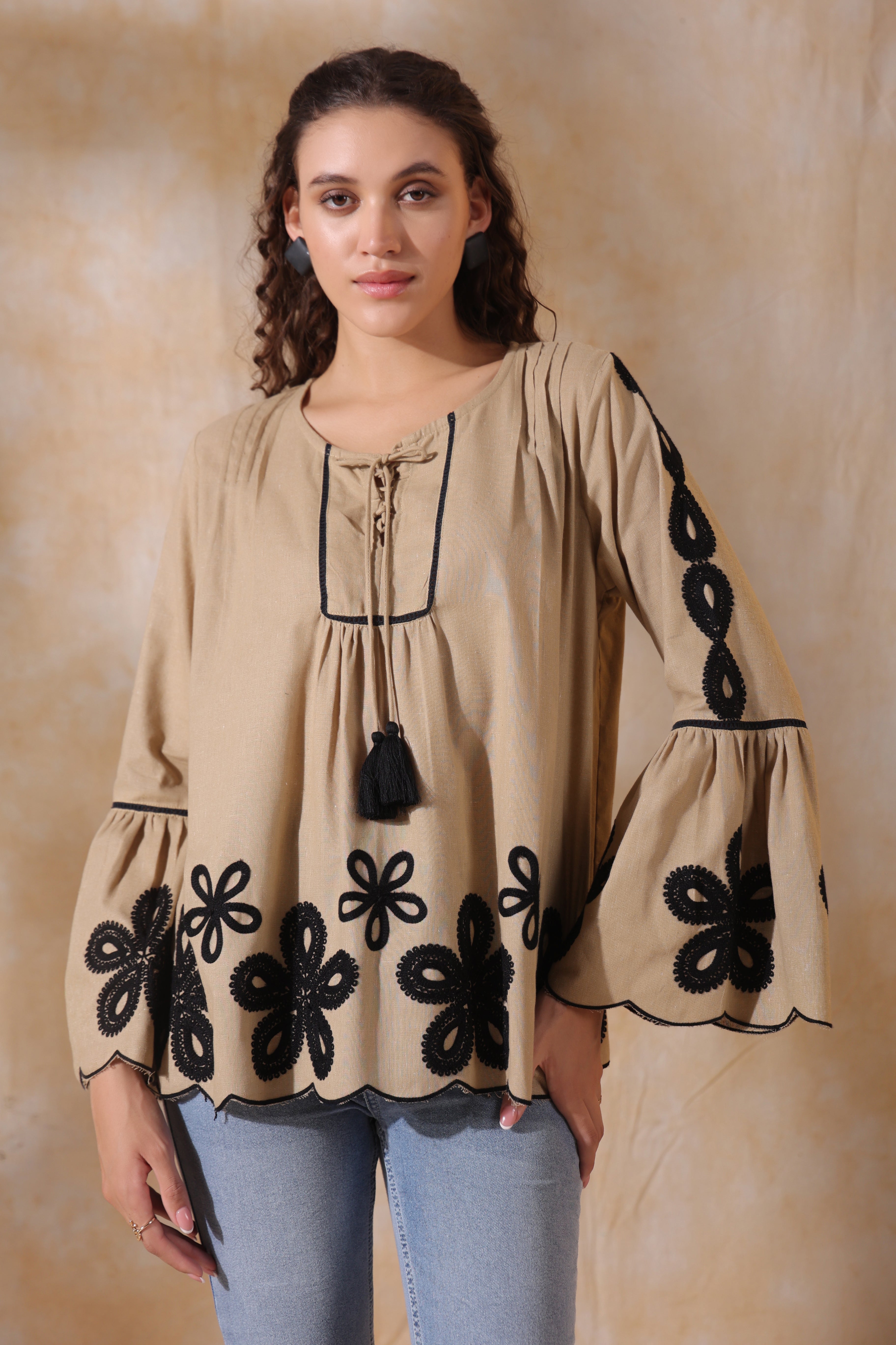 Women Khaki Cotton Flex Black Embroidered Top With Dori & Tassel