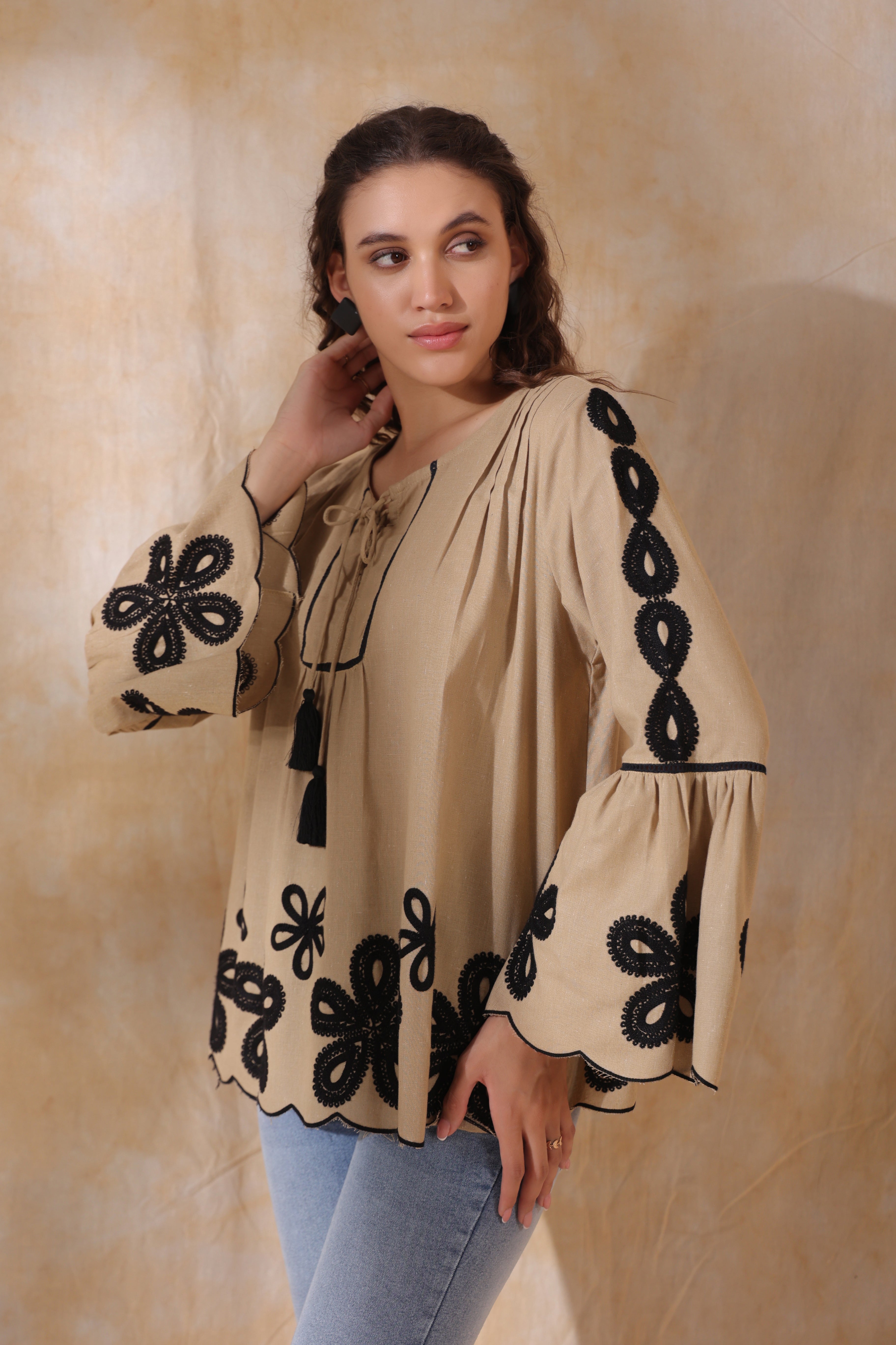 Women Khaki Cotton Flex Black Embroidered Top With Dori & Tassel