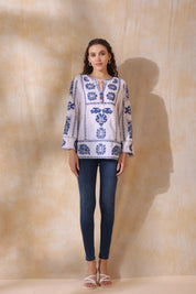 Women White Cotton Blue Embroidery Top