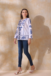 Women White Cotton Blue Embroidery Top