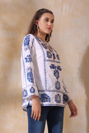Women White Cotton Blue Embroidery Top
