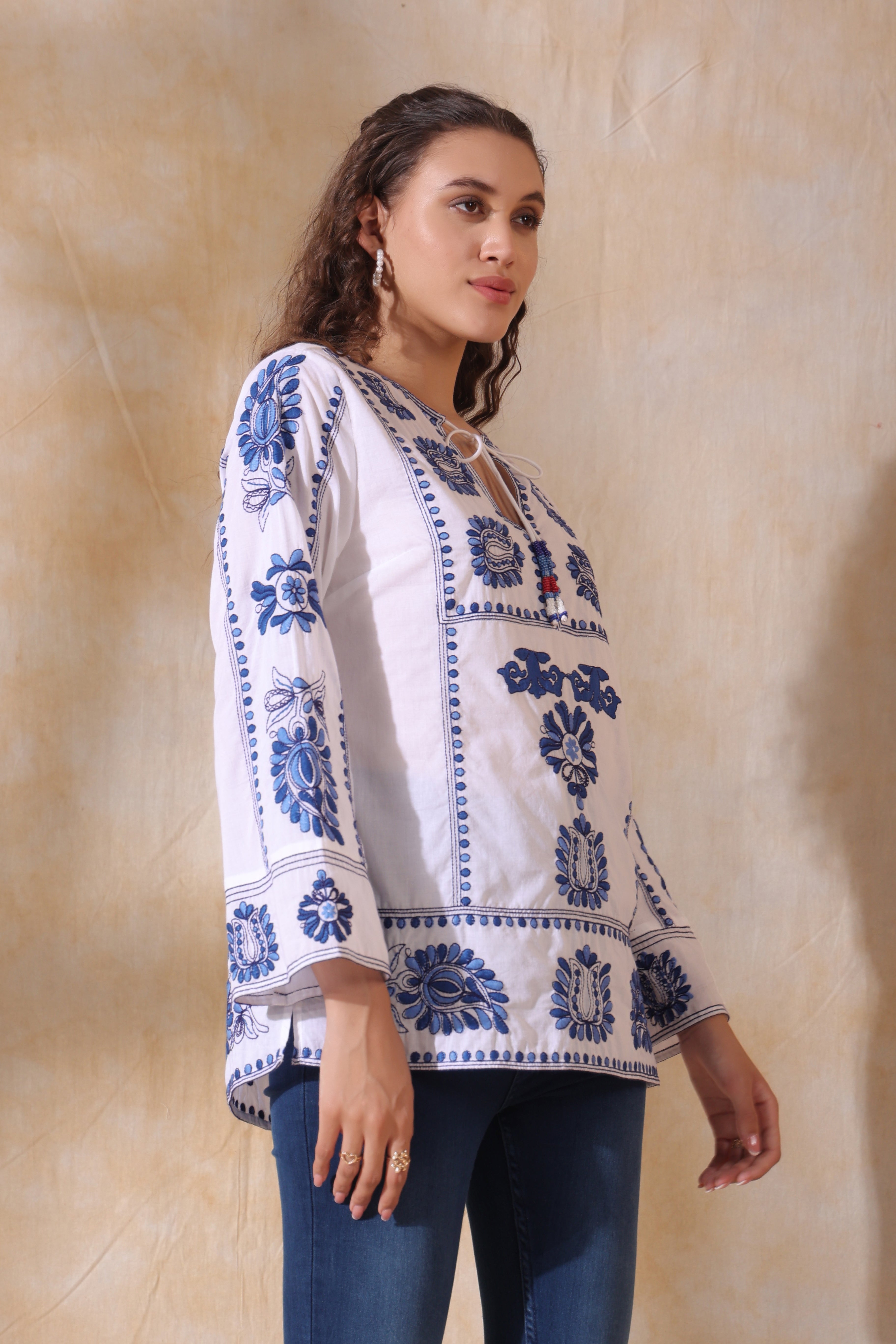 Women White Cotton Blue Embroidery Top