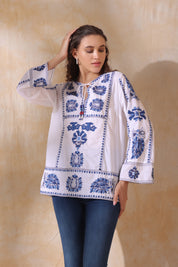Women White Cotton Blue Embroidery Top