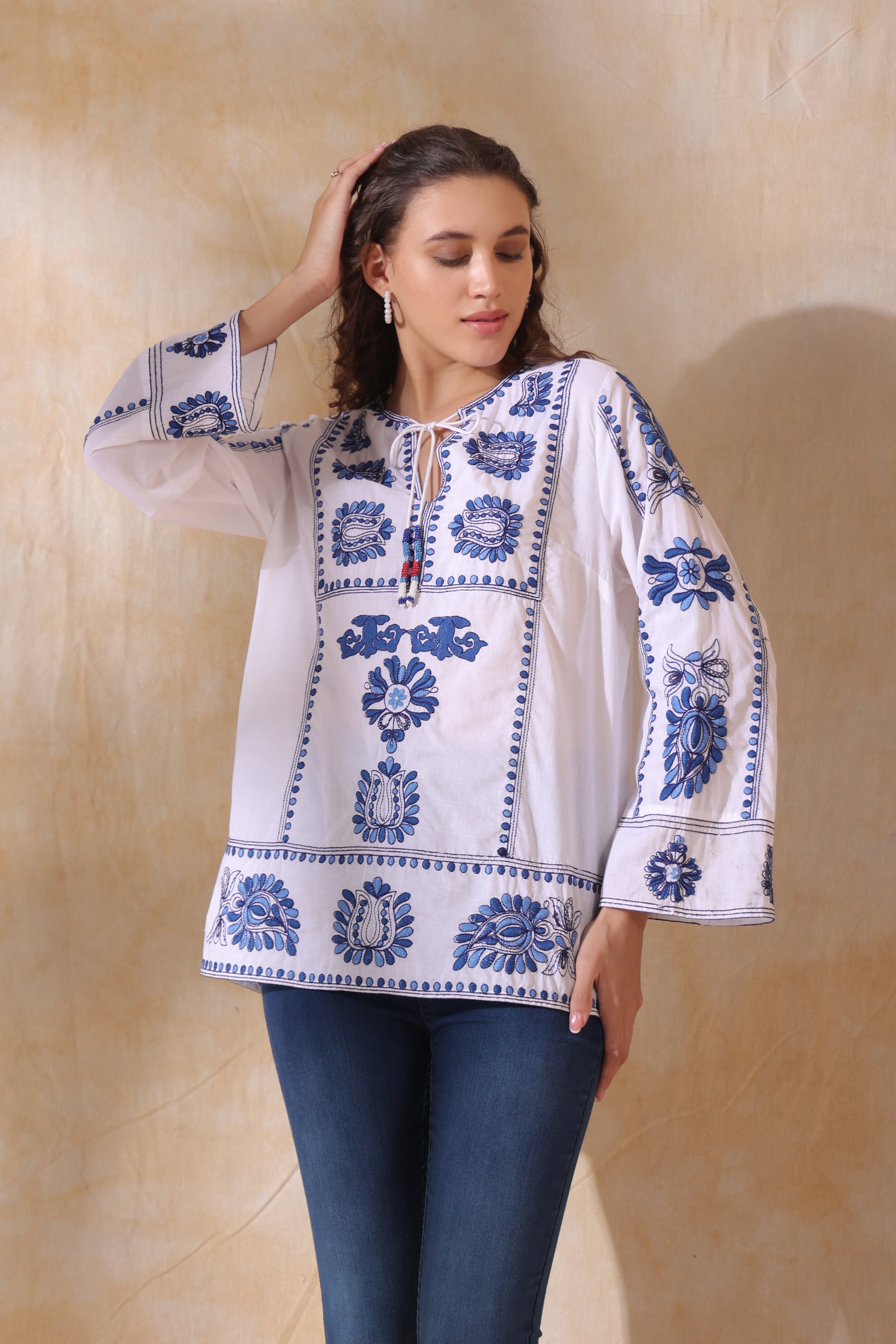 Women White Cotton Blue Embroidery Top