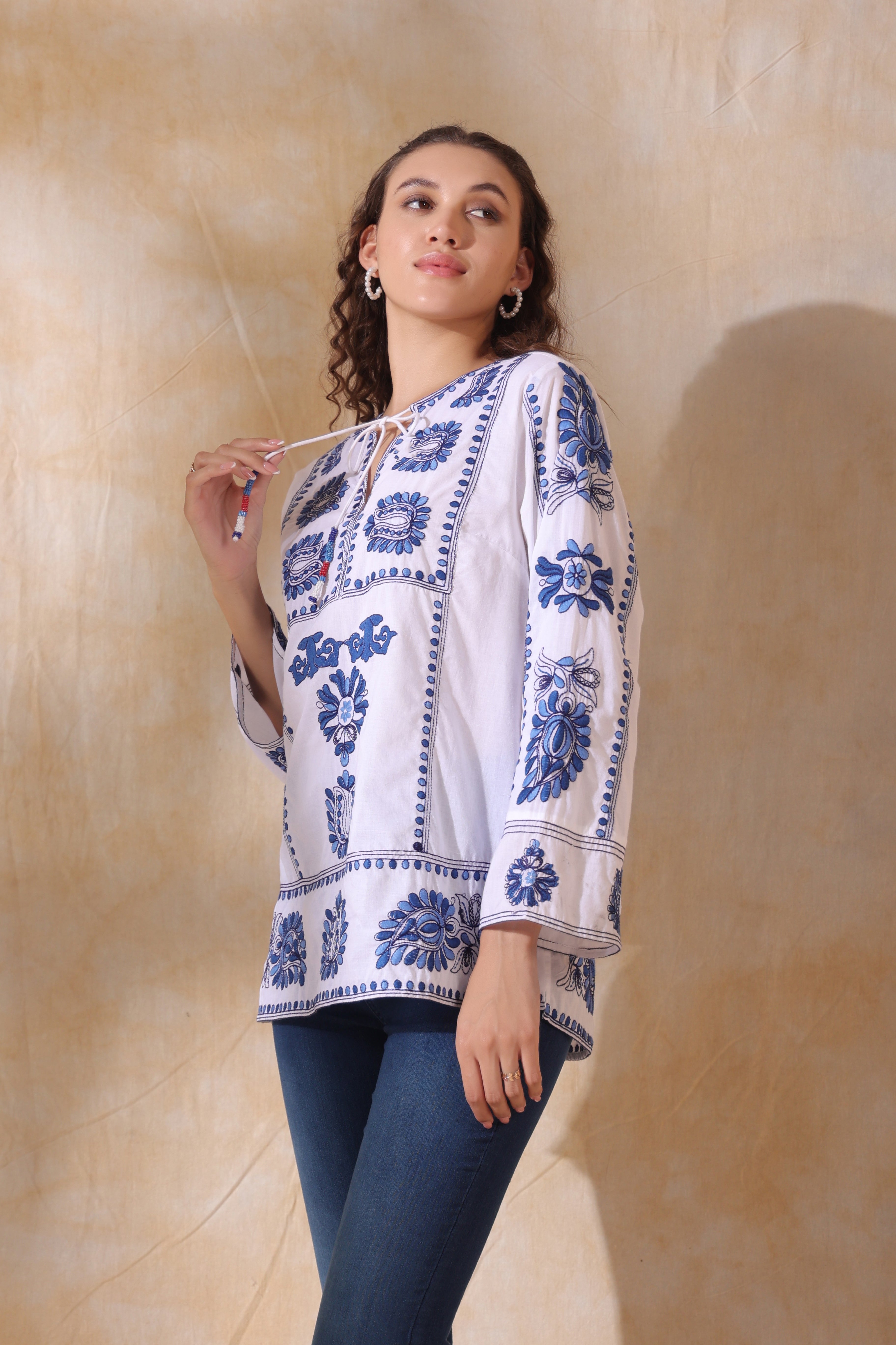Women White Cotton Blue Embroidery Top