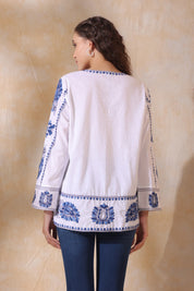 Women White Cotton Blue Embroidery Top