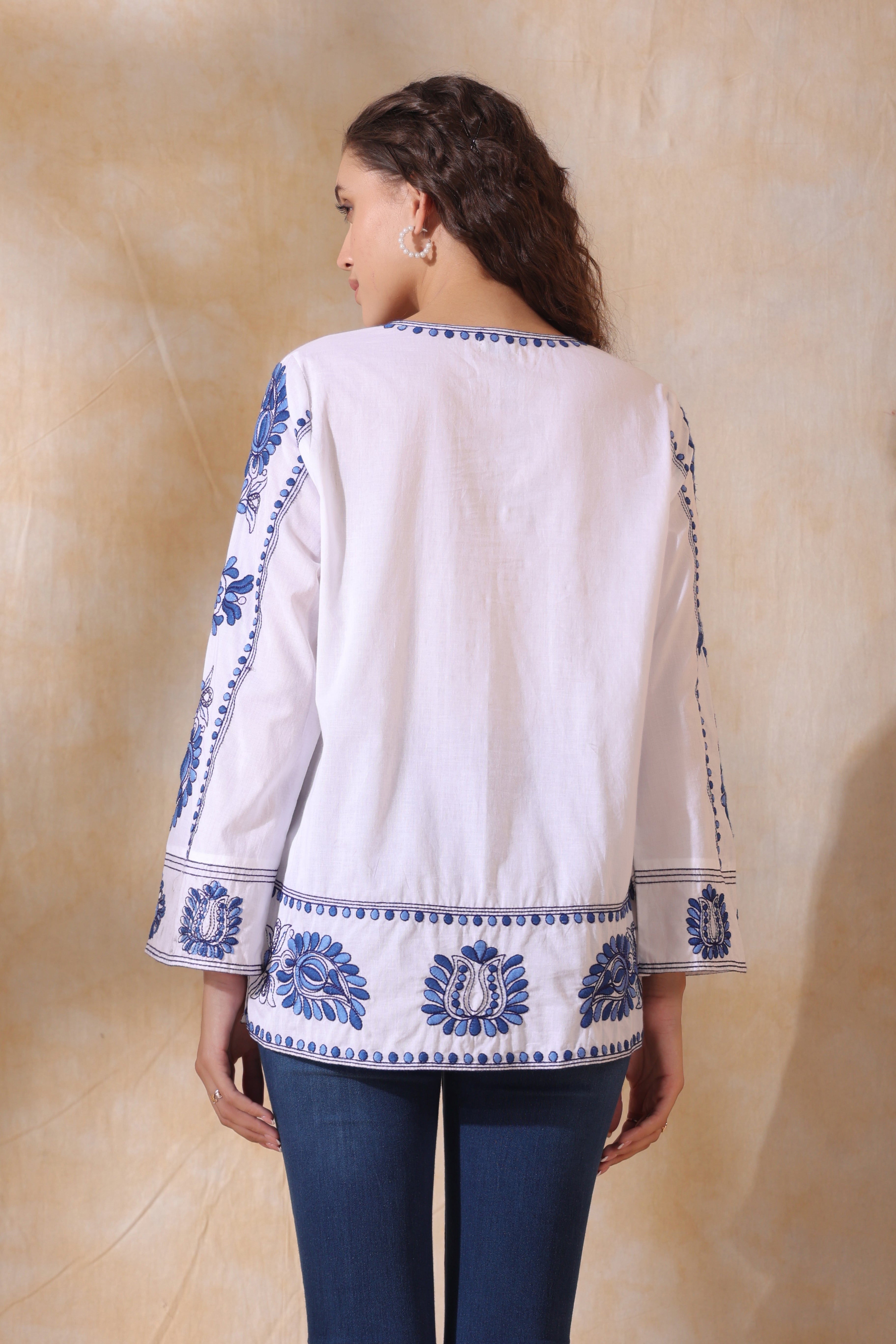 Women White Cotton Blue Embroidery Top