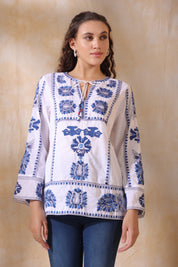 Women White Cotton Blue Embroidery Top