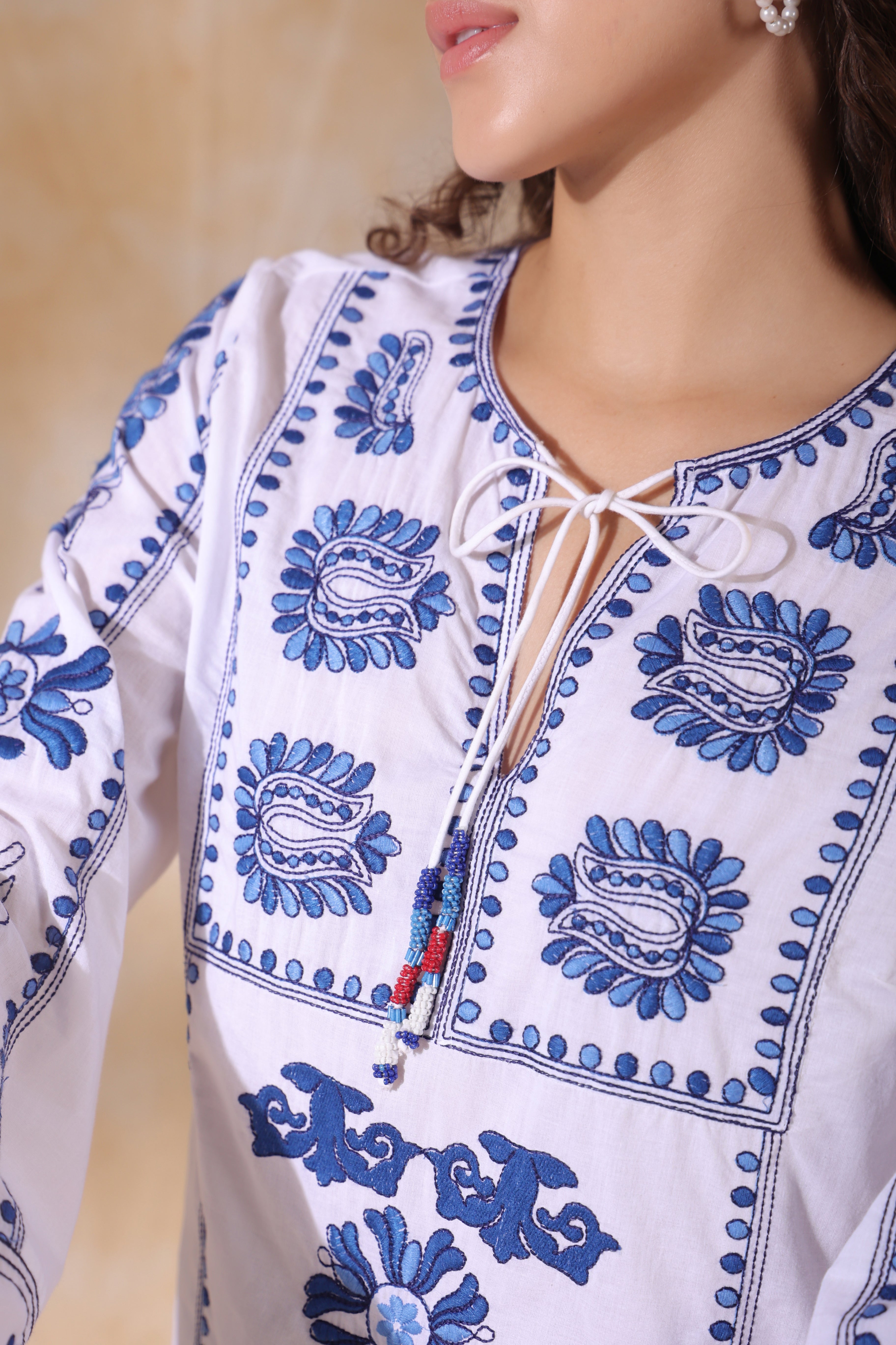 Women White Cotton Blue Embroidery Top