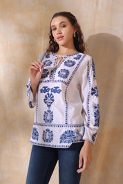 Women White Cotton Blue Embroidery Top