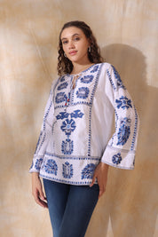 Women White Cotton Blue Embroidery Top