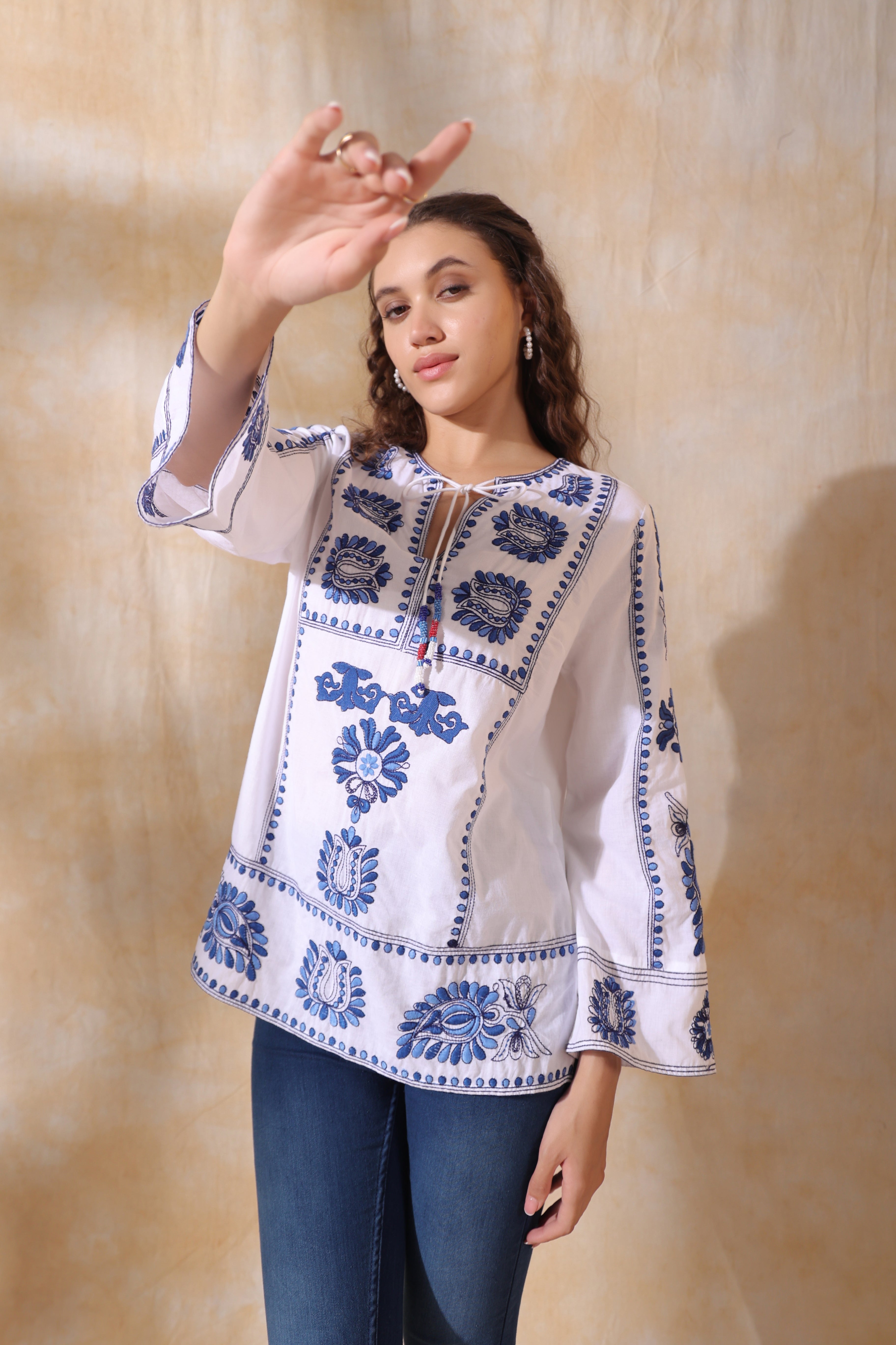 Women White Cotton Blue Embroidery Top