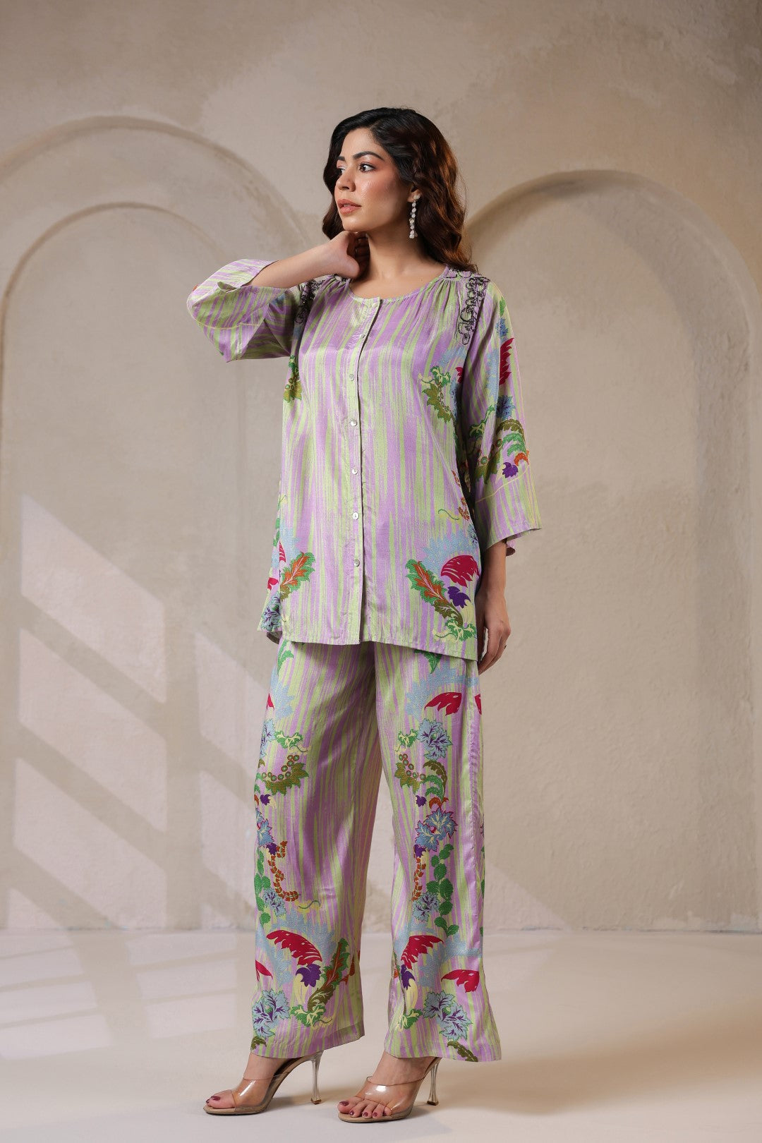 Nyaro Signature Pastel Floral Co-ord Set in Viscose Santoon