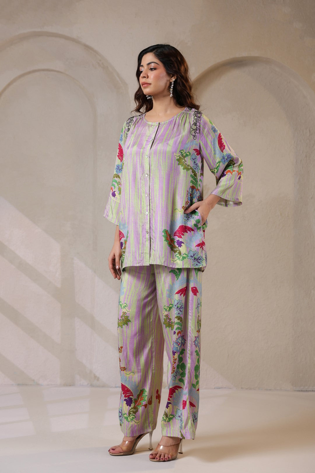 Nyaro Signature Pastel Floral Co-ord Set in Viscose Santoon