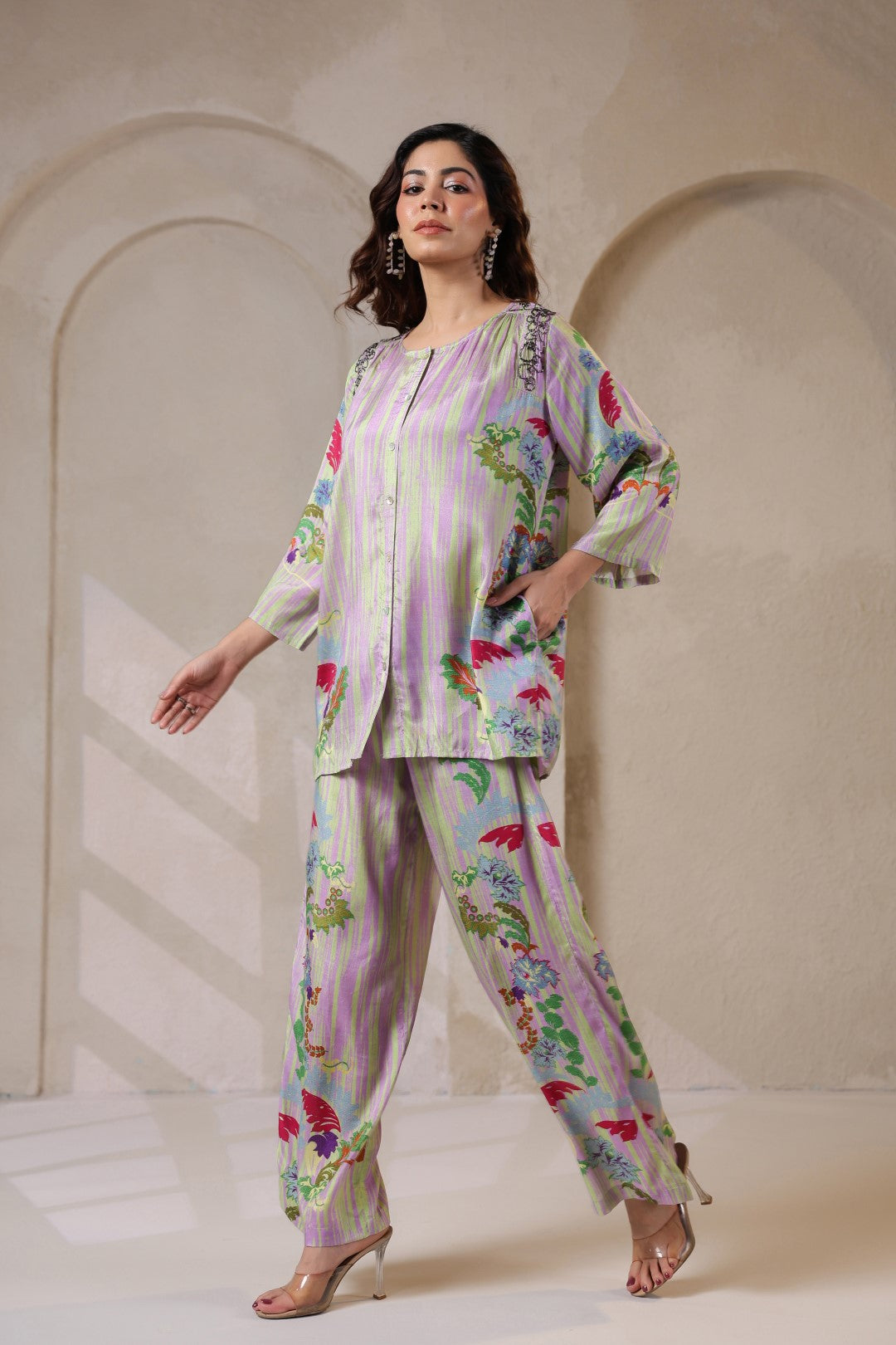 Nyaro Signature Pastel Floral Co-ord Set in Viscose Santoon