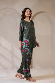 Nyaro Signature Dark Green Floral Co-ord Set in Viscose Santoon
