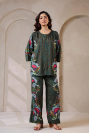 Nyaro Signature Dark Green Floral Co-ord Set in Viscose Santoon