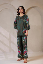 Nyaro Signature Dark Green Floral Co-ord Set in Viscose Santoon