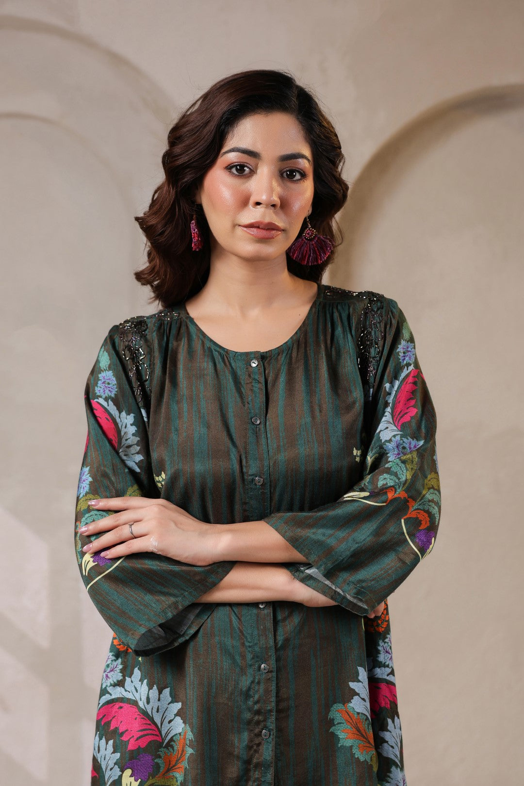 Nyaro Signature Dark Green Floral Co-ord Set in Viscose Santoon