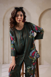 Nyaro Signature Dark Green Floral Co-ord Set in Viscose Santoon