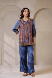 Nyaro Signature Blue Paisley Printed Co-ord Set in Viscose Santoon