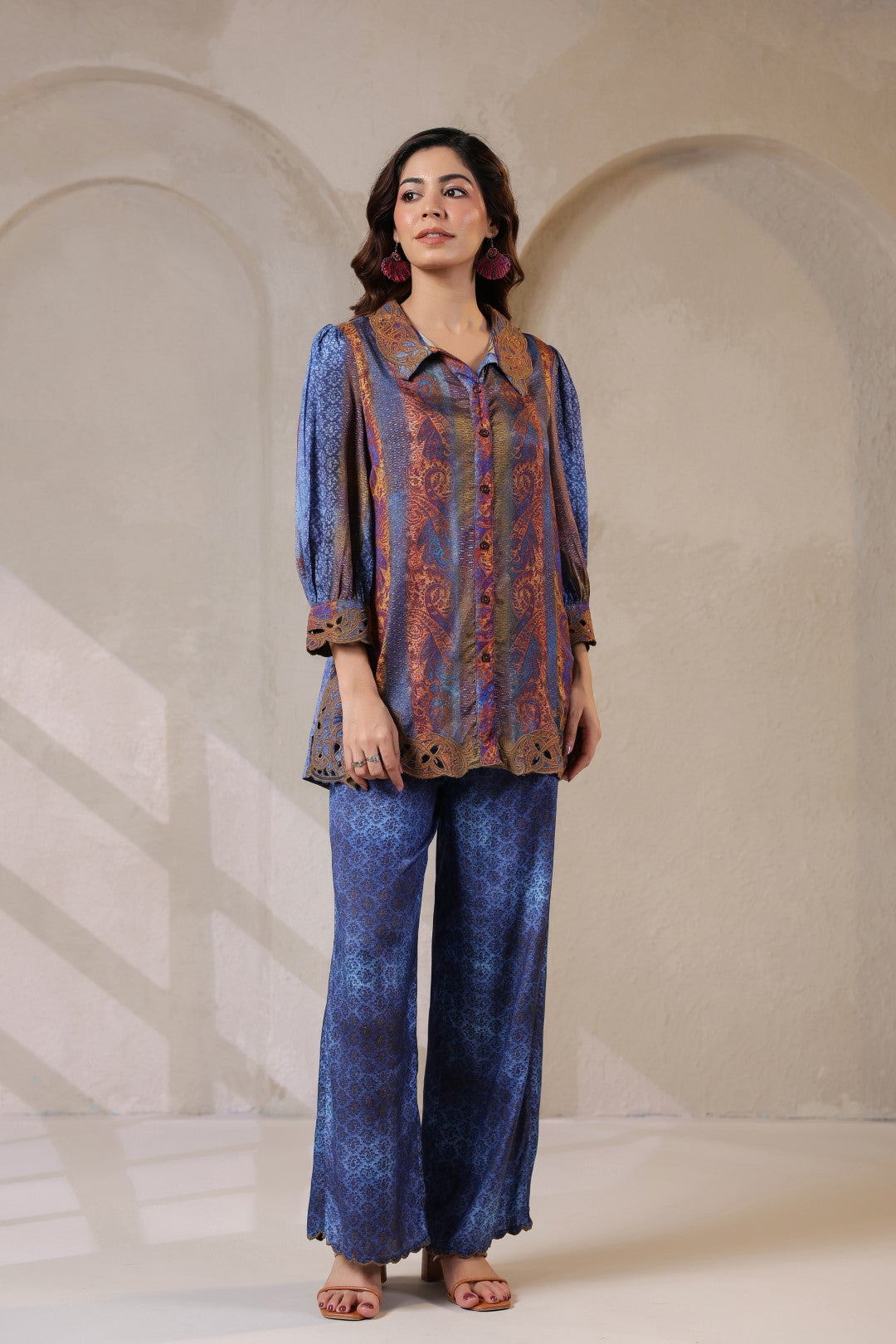 Nyaro Signature Blue Paisley Printed Co-ord Set in Viscose Santoon