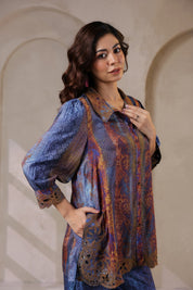 Nyaro Signature Blue Paisley Printed Co-ord Set in Viscose Santoon