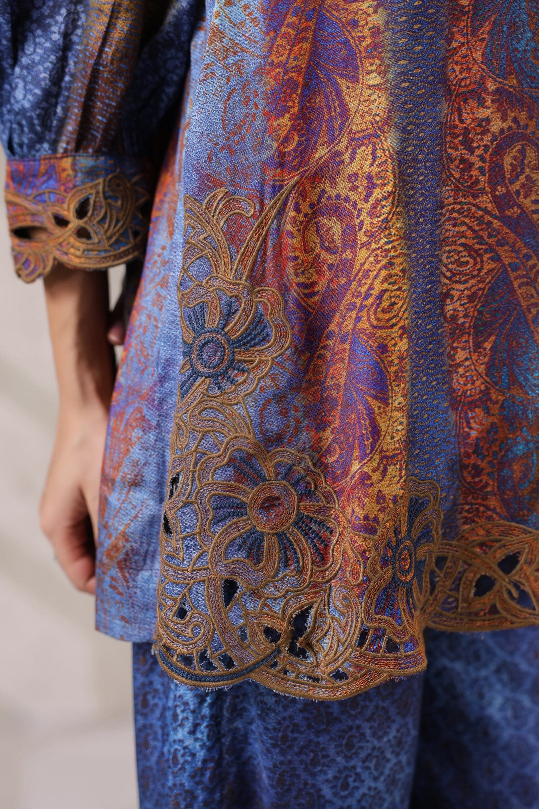 Nyaro Signature Blue Paisley Printed Co-ord Set in Viscose Santoon