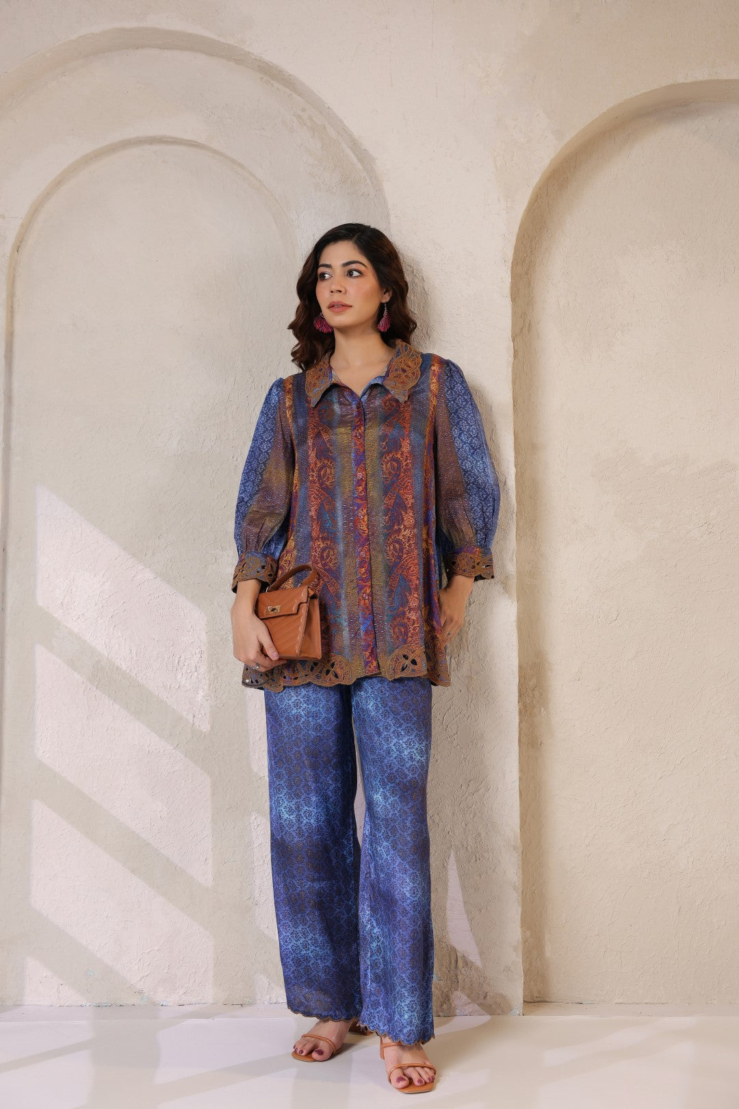 Nyaro Signature Blue Paisley Printed Co-ord Set in Viscose Santoon