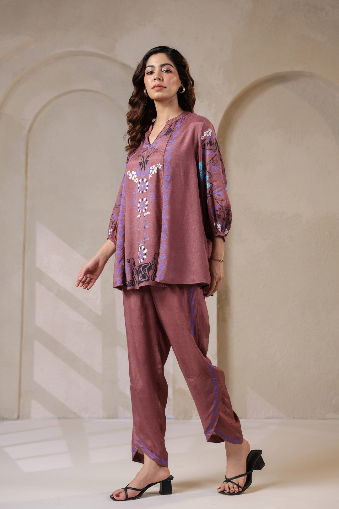 Nyaro Signature Wine Printed Co-ord Set in Viscose Santoon