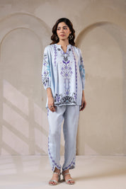 Nyaro Signature Powder Blue Printed Co-ord Set in Viscose Santoon