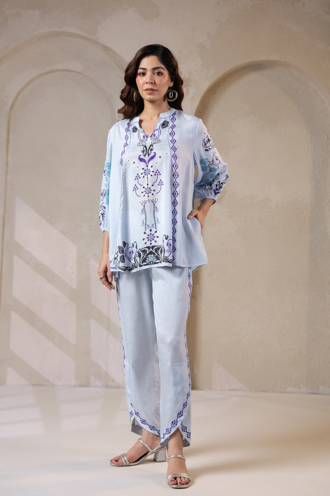 Nyaro Signature Powder Blue Printed Co-ord Set in Viscose Santoon
