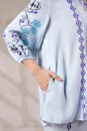 Nyaro Signature Powder Blue Printed Co-ord Set in Viscose Santoon