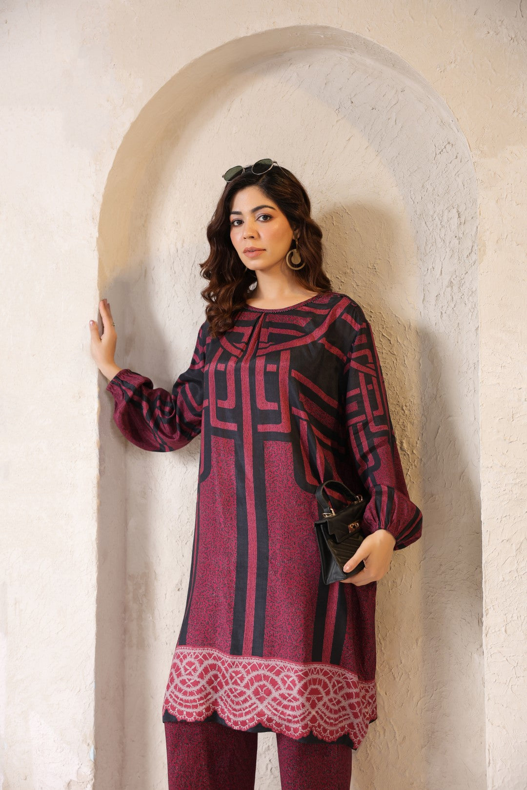 Nyaro Signature Abstract Print Maroon Co-ord Set