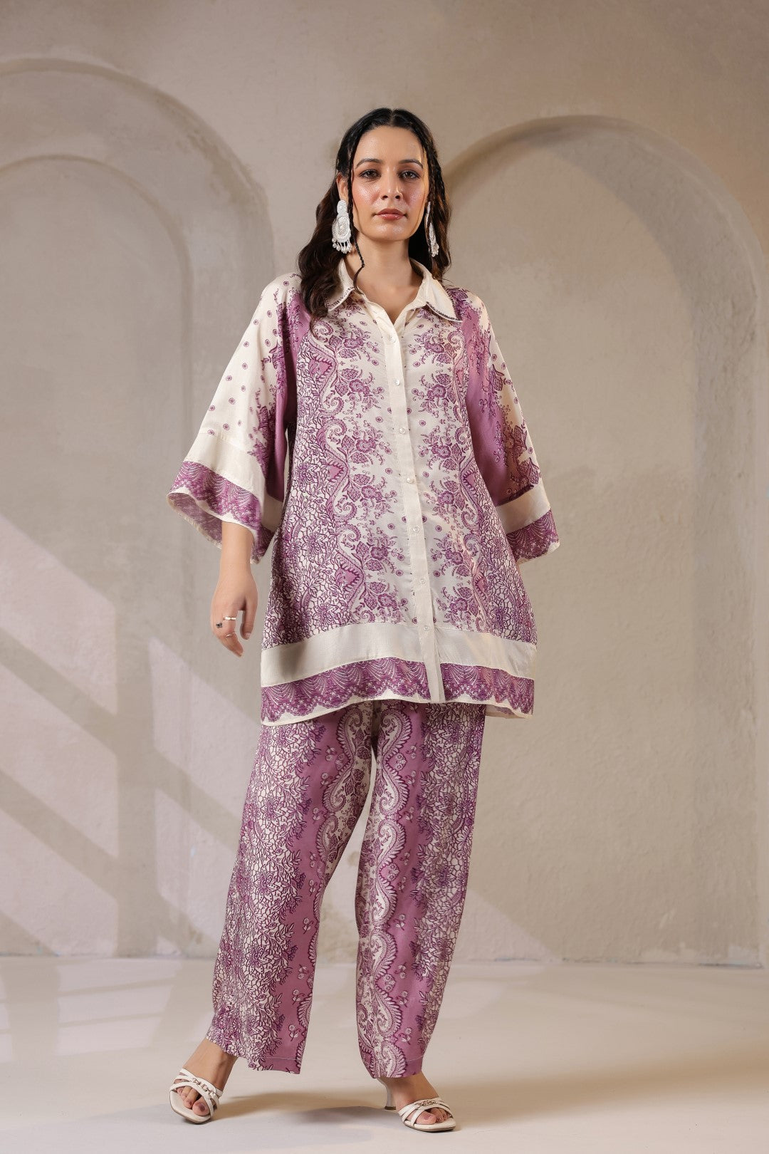 Nyaro Signature Mauve Printed Co-ord Set in Viscose Santoon