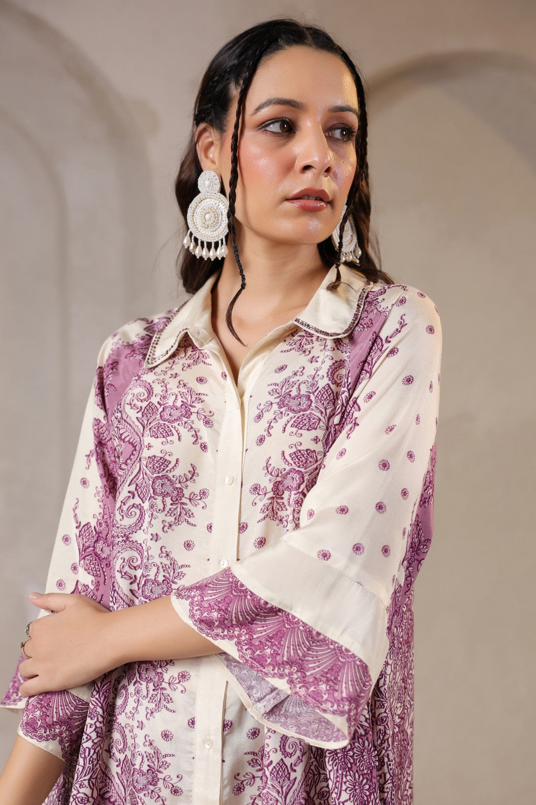 Nyaro Signature Mauve Printed Co-ord Set in Viscose Santoon