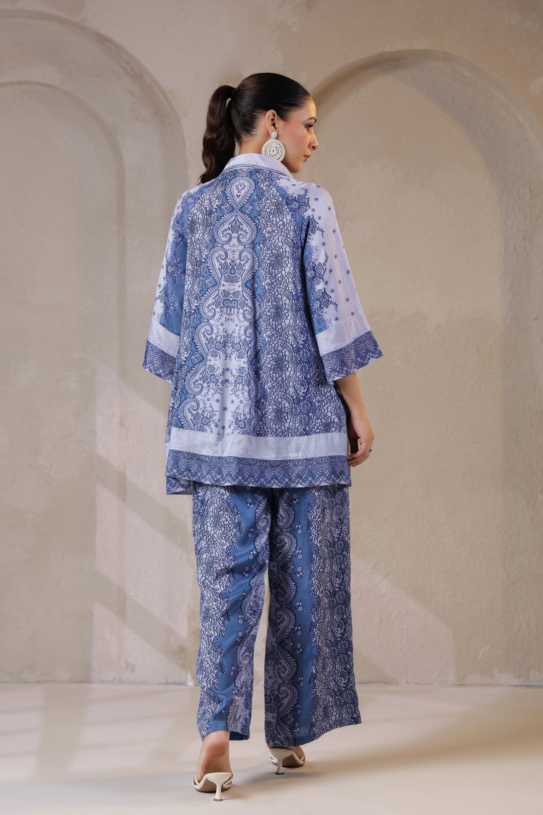 Nyaro Signature Steel Blue Printed Co-ord Set in Viscose Santoon