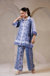Nyaro Signature Steel Blue Printed Co-ord Set in Viscose Santoon