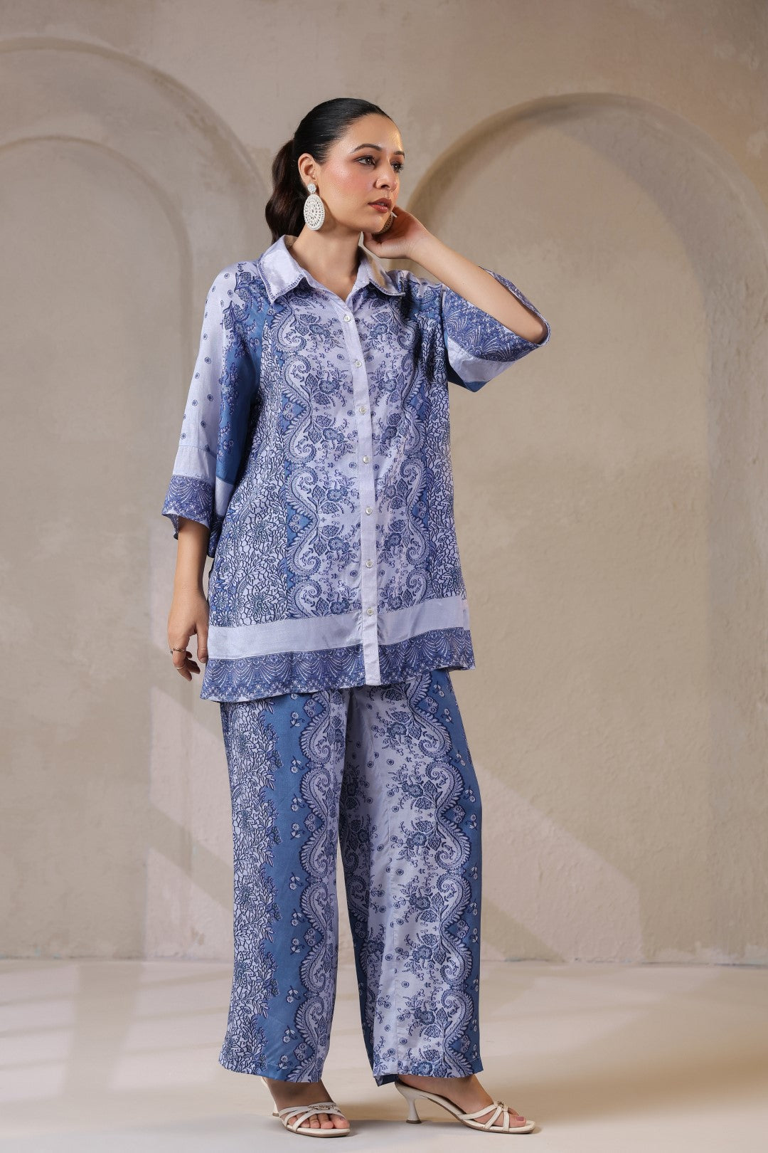 Nyaro Signature Steel Blue Printed Co-ord Set in Viscose Santoon