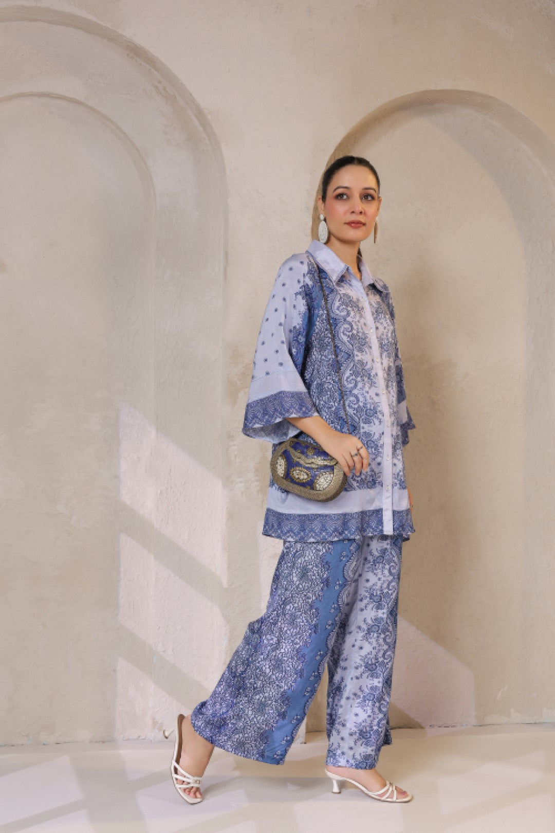 Nyaro Signature Steel Blue Printed Co-ord Set in Viscose Santoon