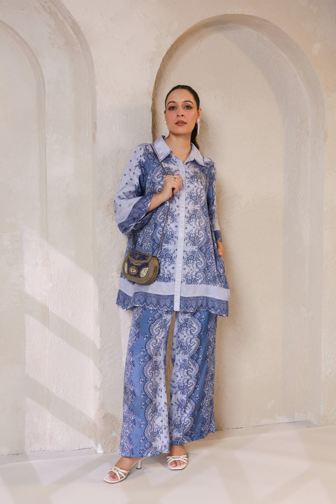 Nyaro Signature Steel Blue Printed Co-ord Set in Viscose Santoon