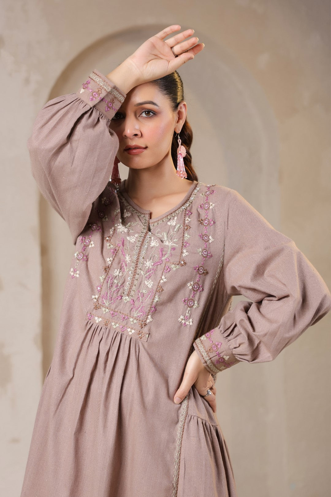 Nyaro Signature Cotton Flex Embroidered Short Dress – Mauve