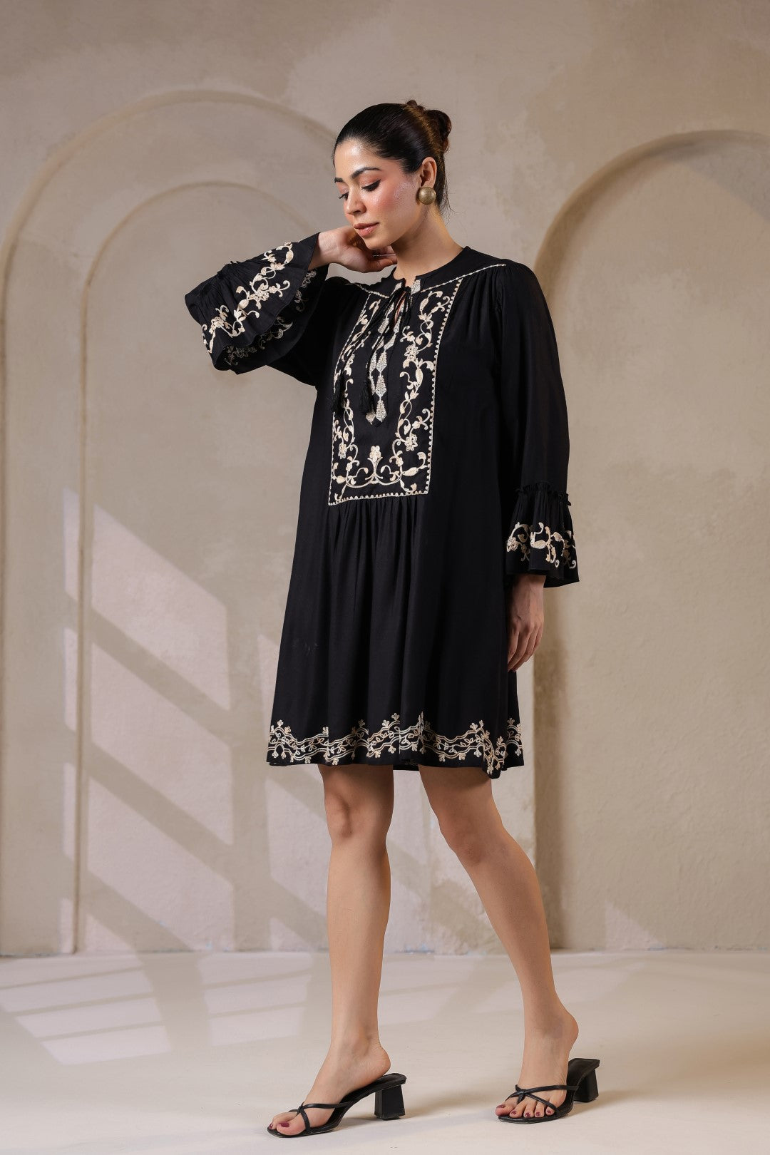 Nyaro Signature Black Moss Crepe Embroidered Dress