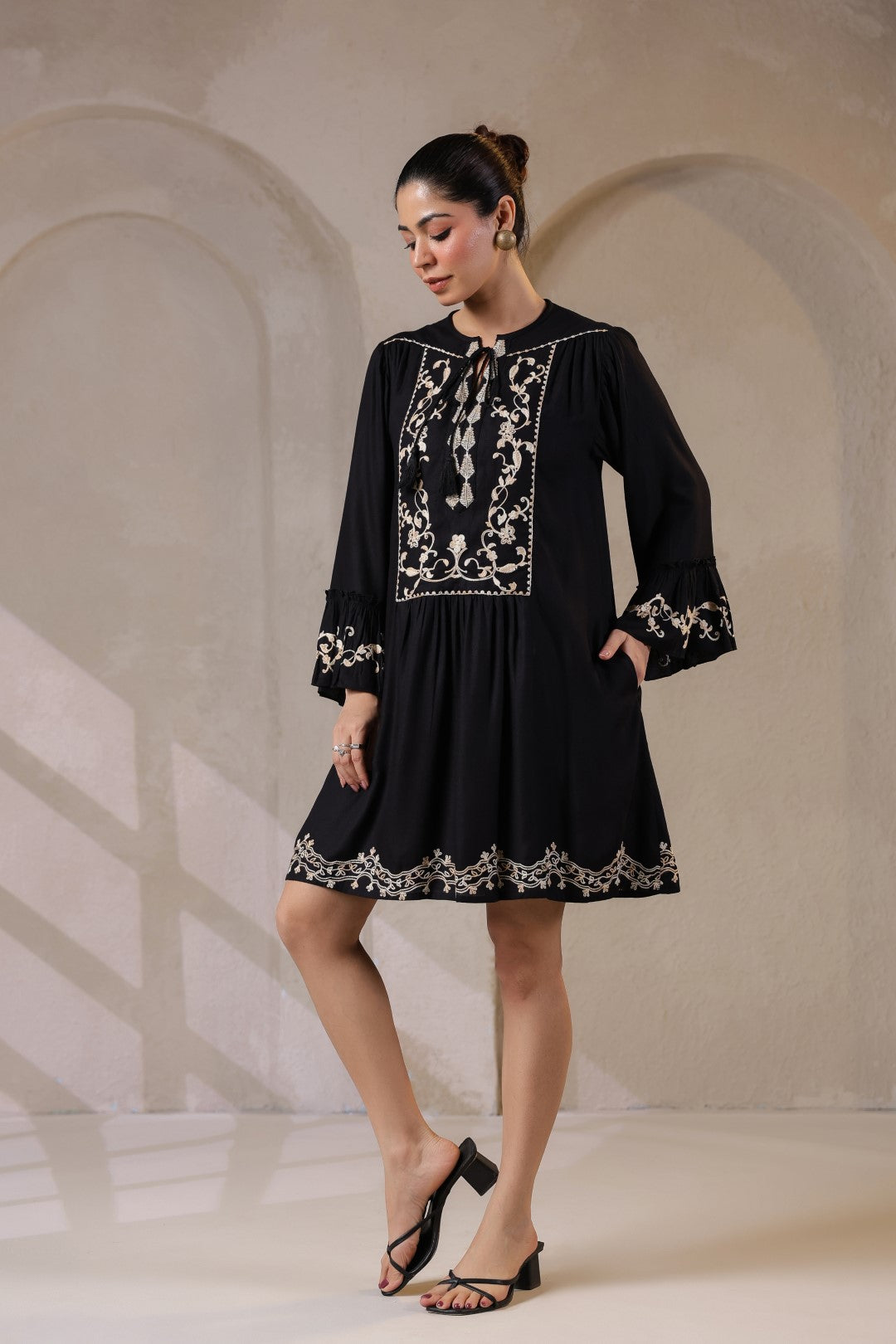 Nyaro Signature Black Moss Crepe Embroidered Dress
