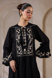 Nyaro Signature Black Moss Crepe Embroidered Dress