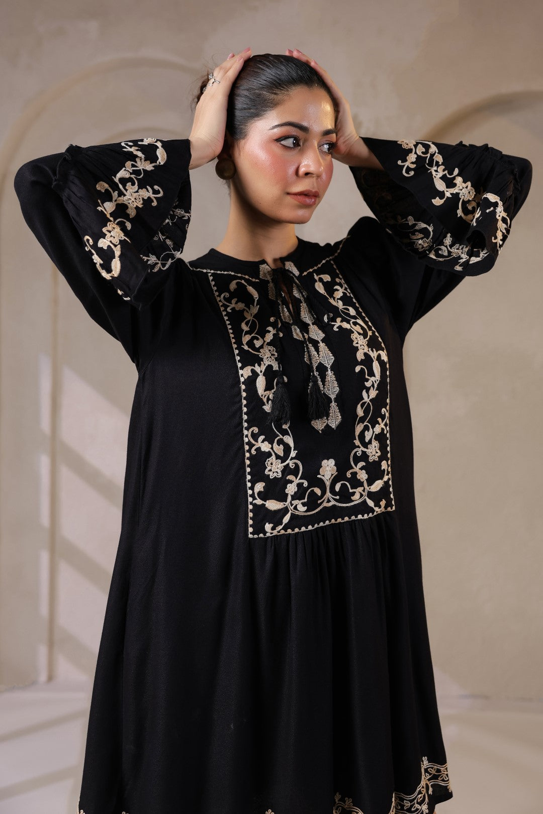 Nyaro Signature Black Moss Crepe Embroidered Dress