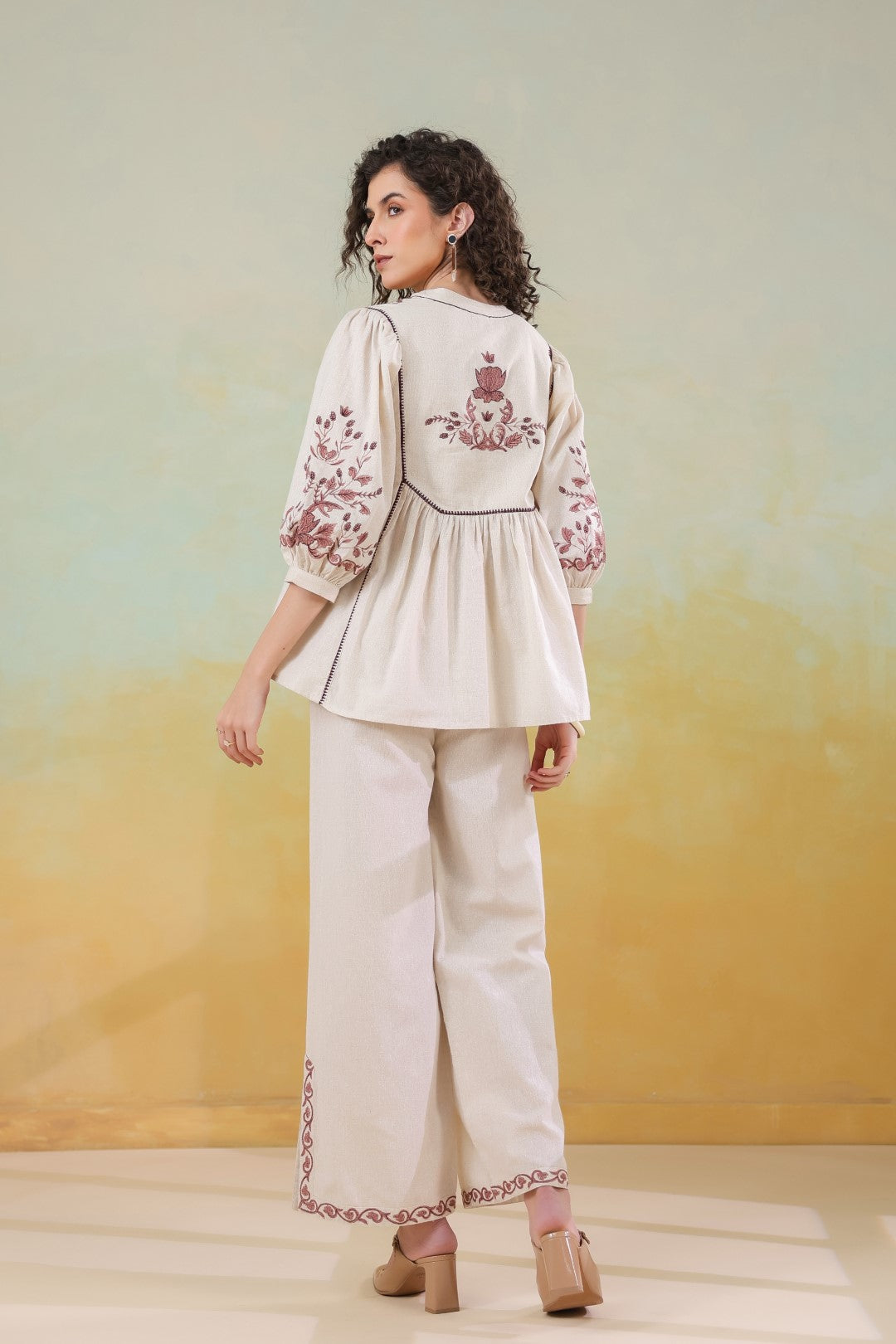 Women’s Cotton Linen Beige Color Embroidered Co-Ord Set: