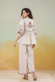 Women’s Cotton Linen Beige Color Embroidered Co-Ord Set: